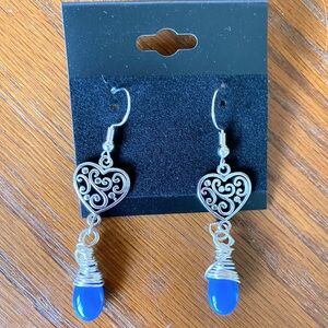 Silver heart earrings with blue wirewrapped gemstone beaded earrings